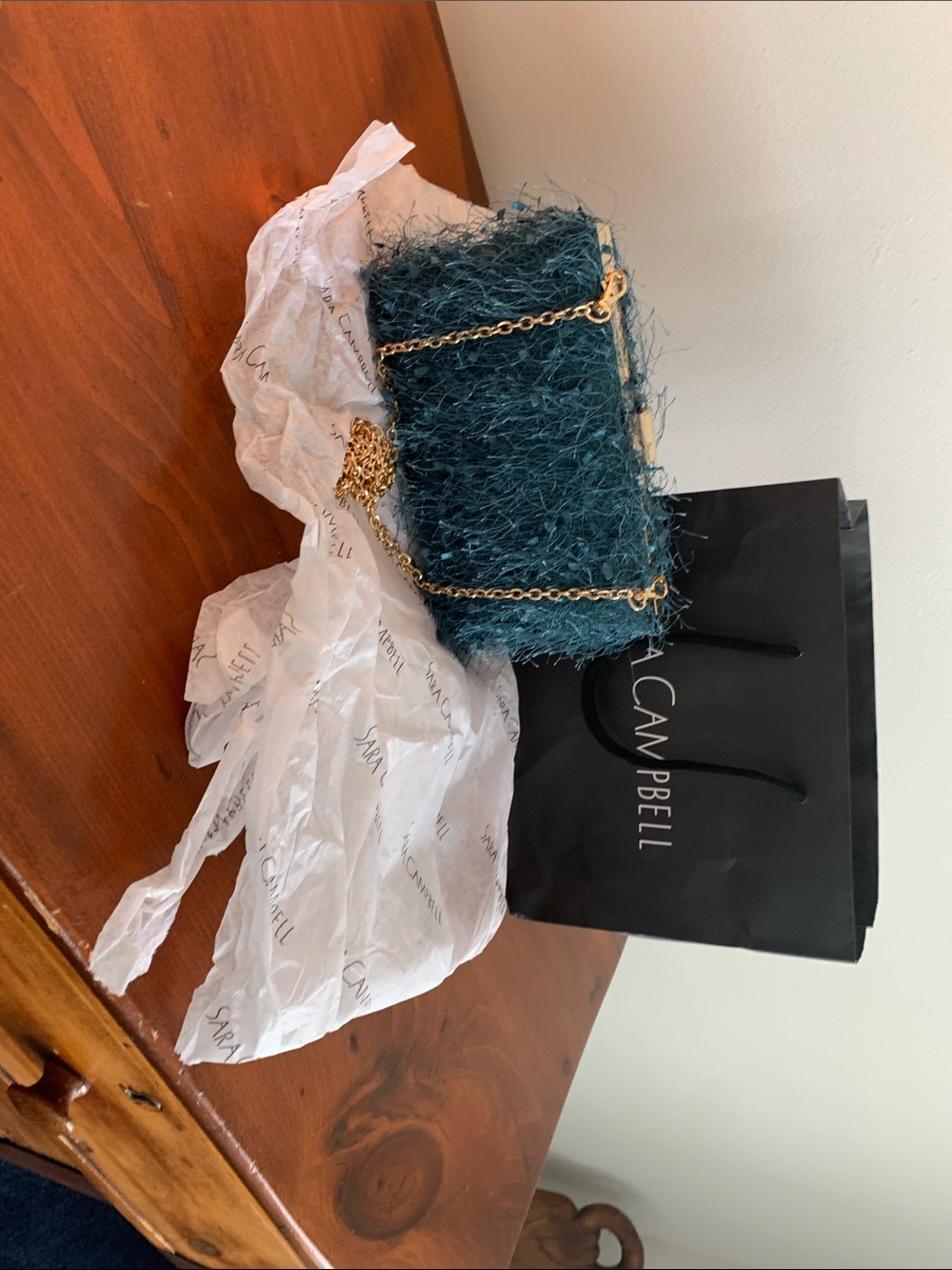 Sara Campbell Teal Fuzzy Box Crossbody with Gold Chain